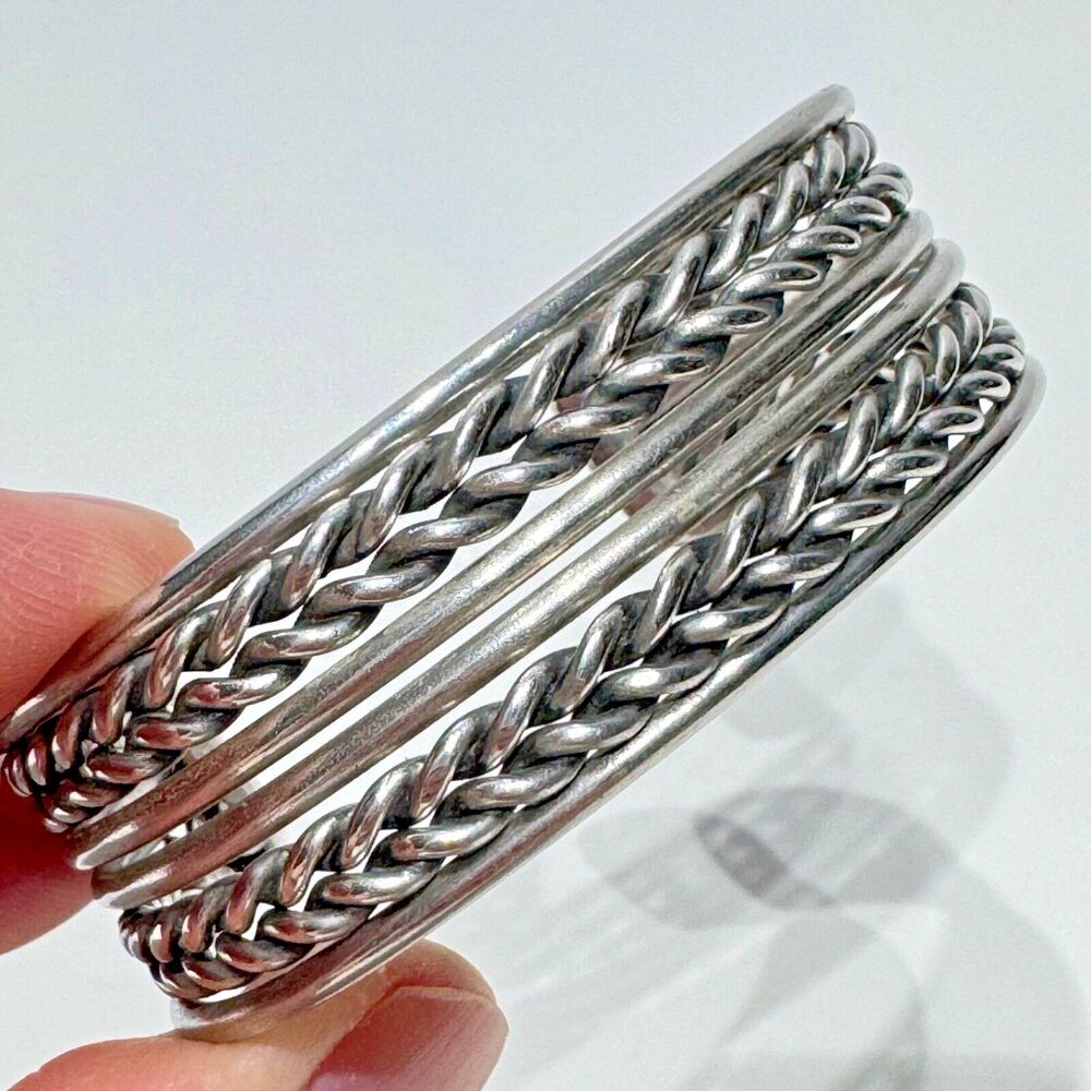 Vintage 60s Mexico Stainless or Nickel Braided Design Women's Cuff Bracelet (A3)
